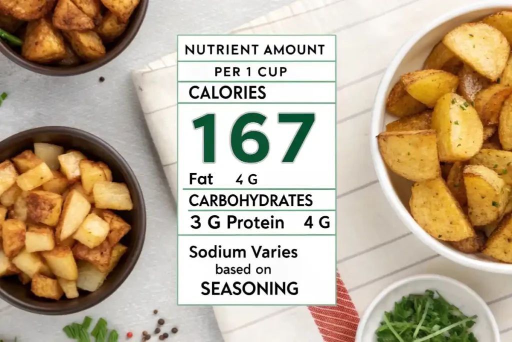 A visual guide showing the nutrition facts for roasted potatoes, highlighting calories, carbohydrates, fats, and protein content.