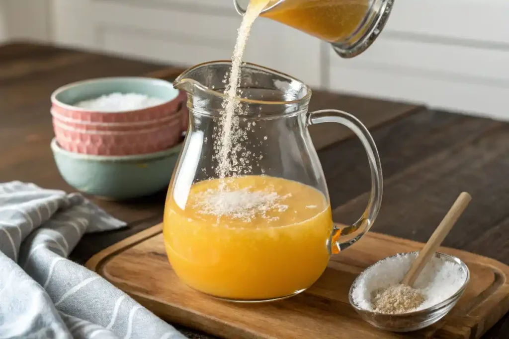 A pitcher half-filled with fresh orange juice and sugar, being stirred gently to ensure proper sweetness distribution