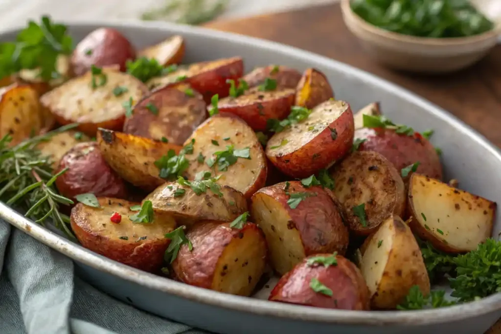 Roasted red potatoes with herbs on a platter