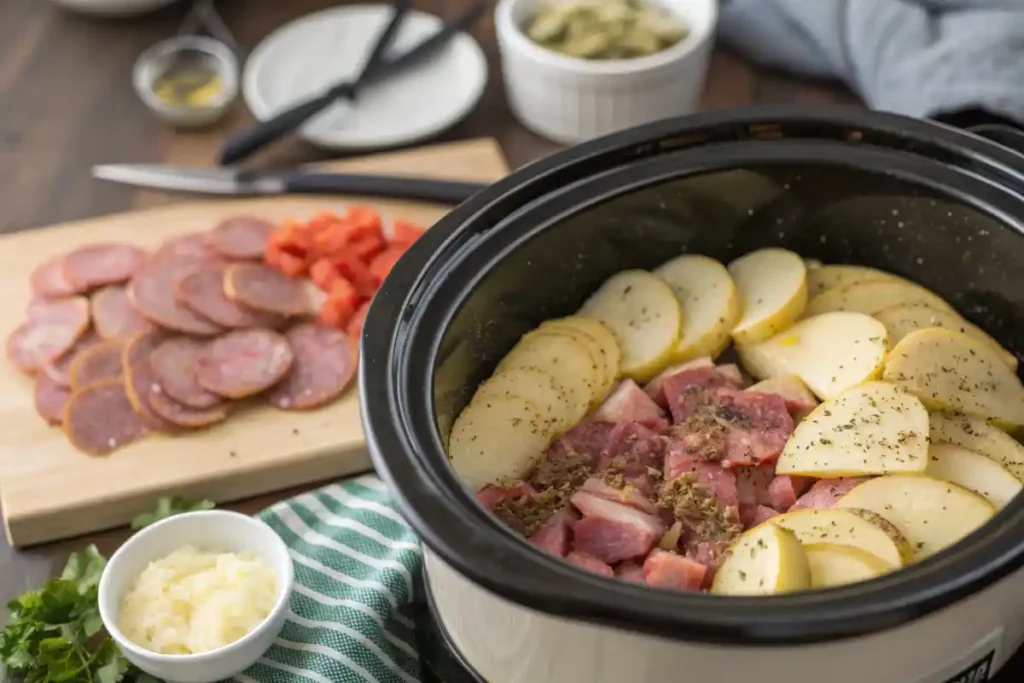 Potatoes and roast ingredients layered in a slow cooker for a hands-off cooking method