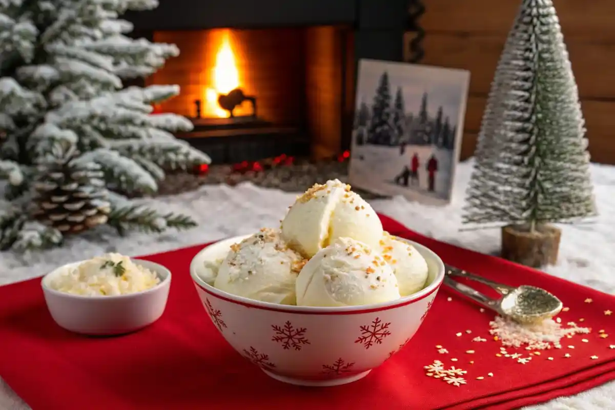 Fresh snow in a bowl with a spoon, surrounded by ingredients like milk, sugar, and vanilla extract, ready to make snow cream