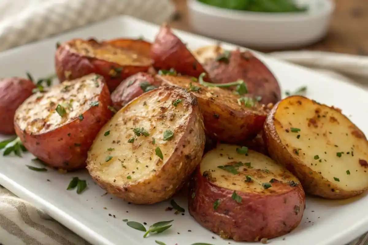 Roasted red potatoes on a baking tray, showing why are red potatoes better for roasting?