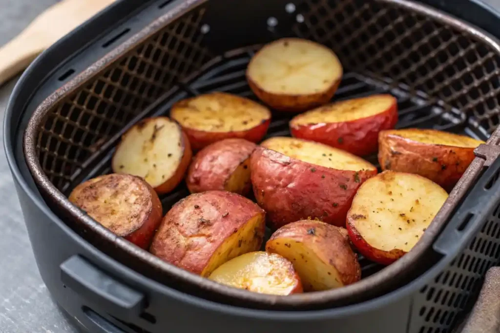 Air fryer basket of cooked red potatoes