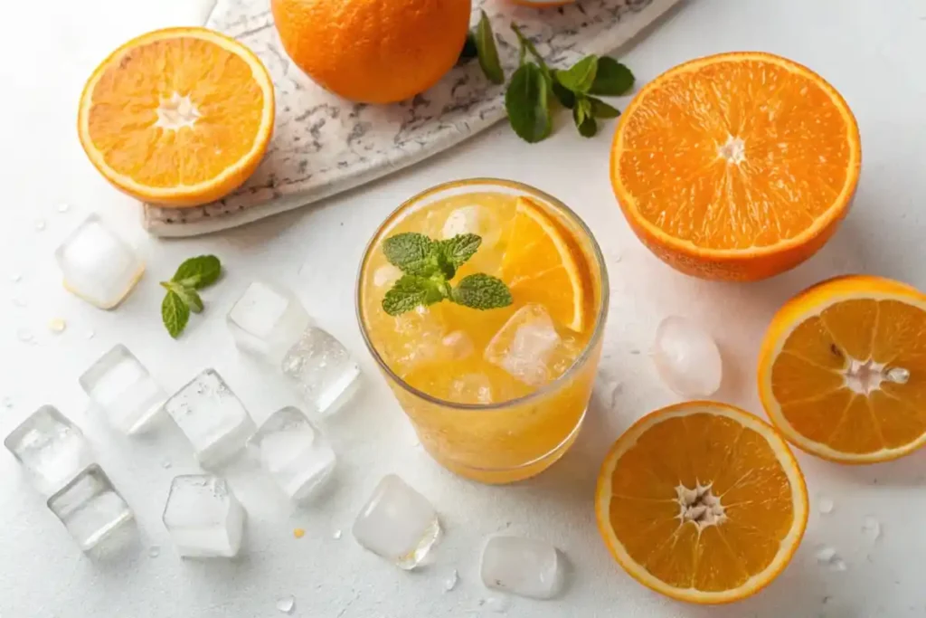 Glass of Fresh Orange Juice and Sparkling Water