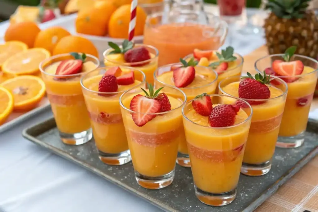 Party Table with Orange Crush Glasses and Fruit Garnishes”