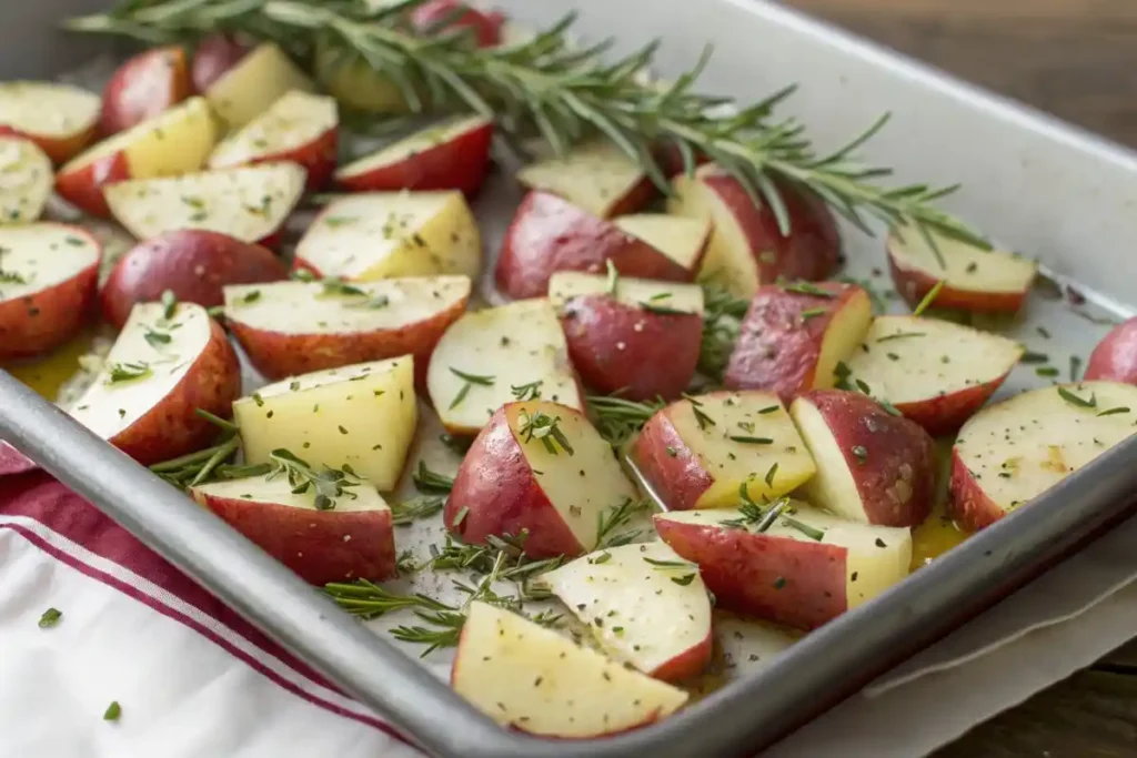 Sliced red potatoes ready to roast