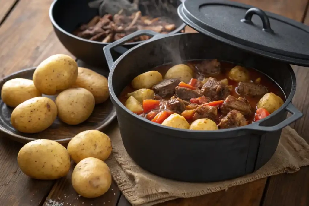 Potatoes nestled in a Dutch oven alongside meat for slow, tender cooking.