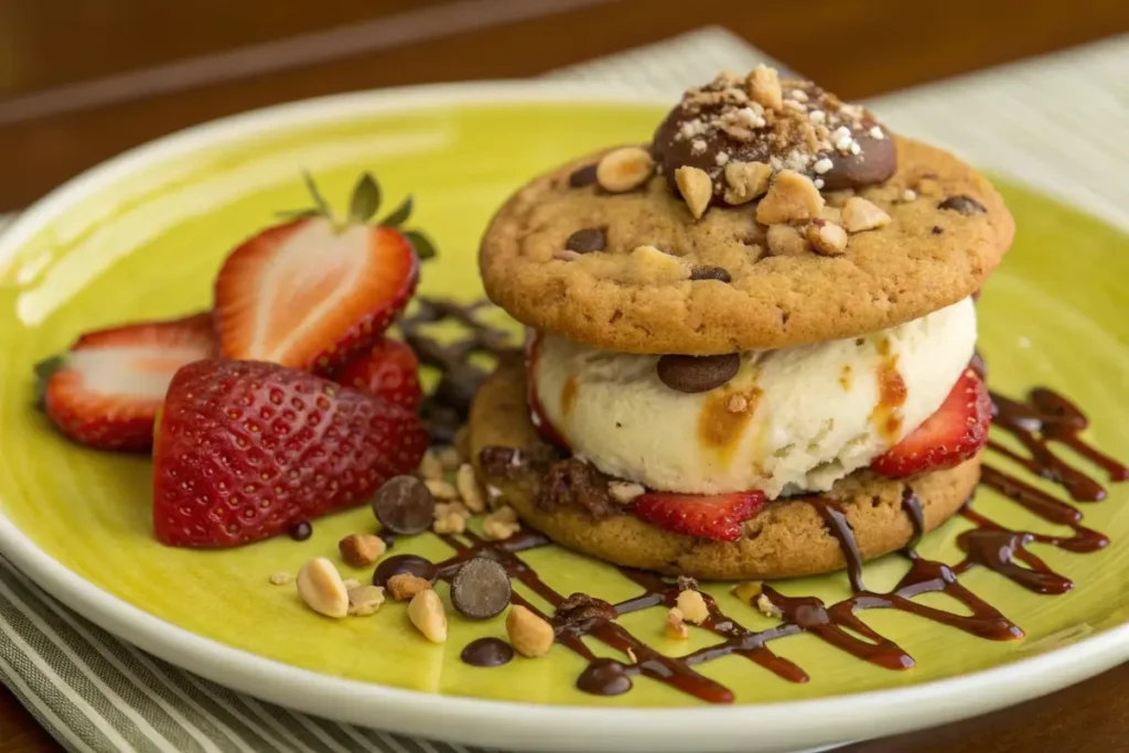 Chocolate chip cookie ice cream sandwich with toppings