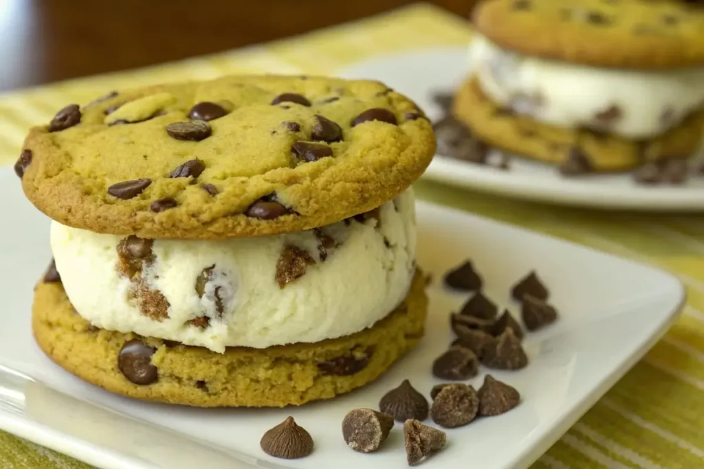 Finished chocolate chip cookie ice cream sandwich