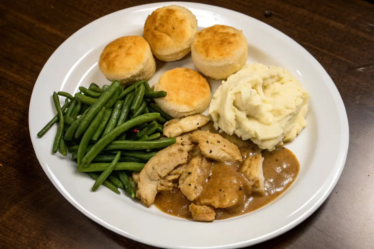 Chicken and gravy with mashed potatoes, green beans, and biscuits