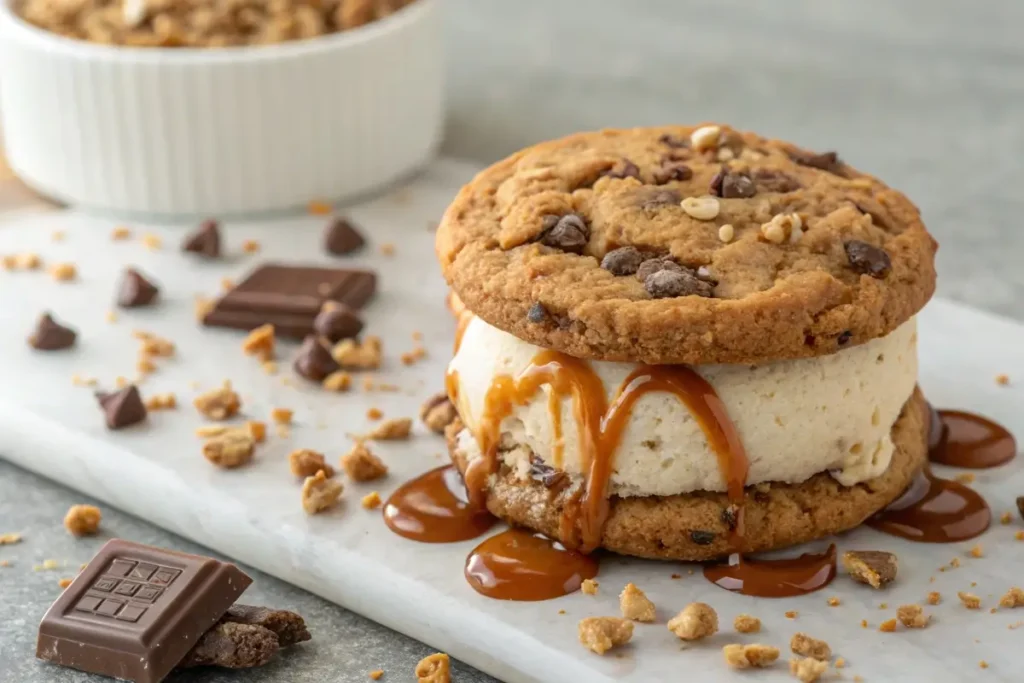 Chocolate chip cookie ice cream sandwich with caramel drizzle