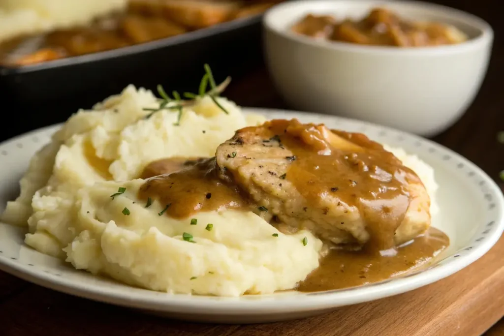 Creamy mashed potatoes with gravy	