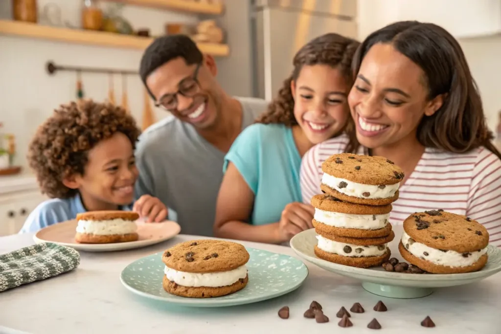 Family enjoying chocolate chip cookie ice cream sandwiches together