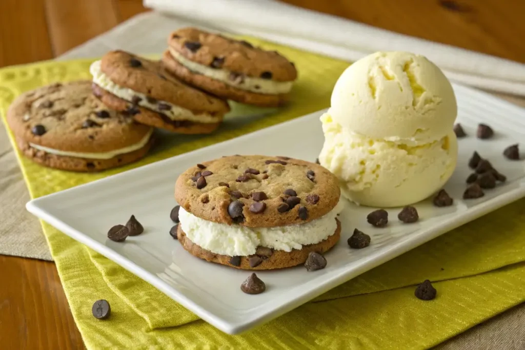 Ice cream placed between two chocolate chip cookies