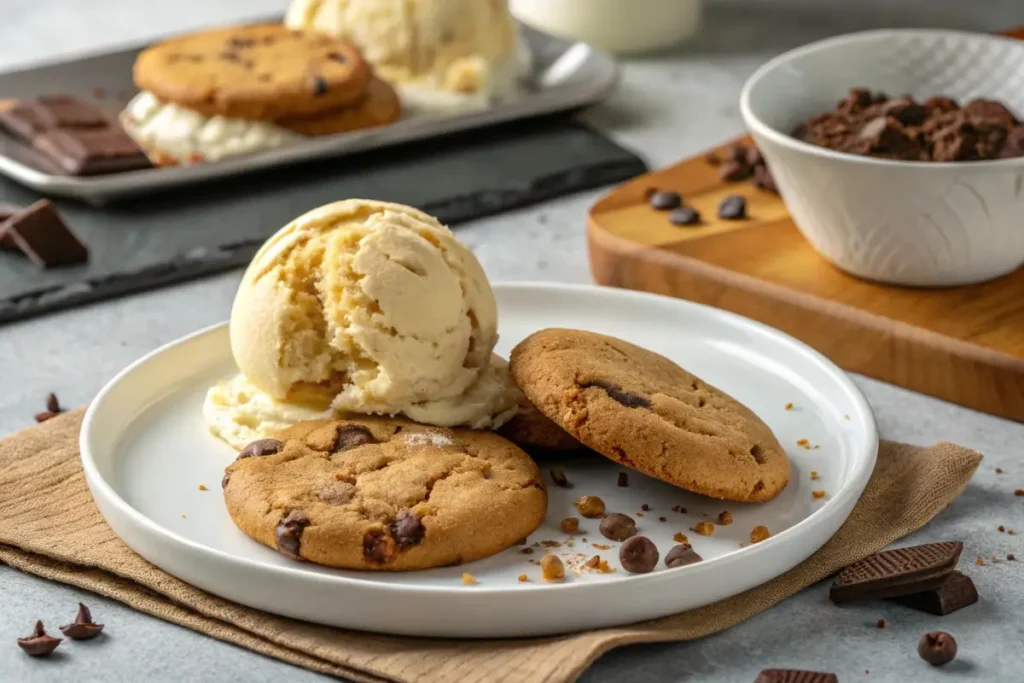 Close-up of a chocolate chip cookie ice cream sandwich